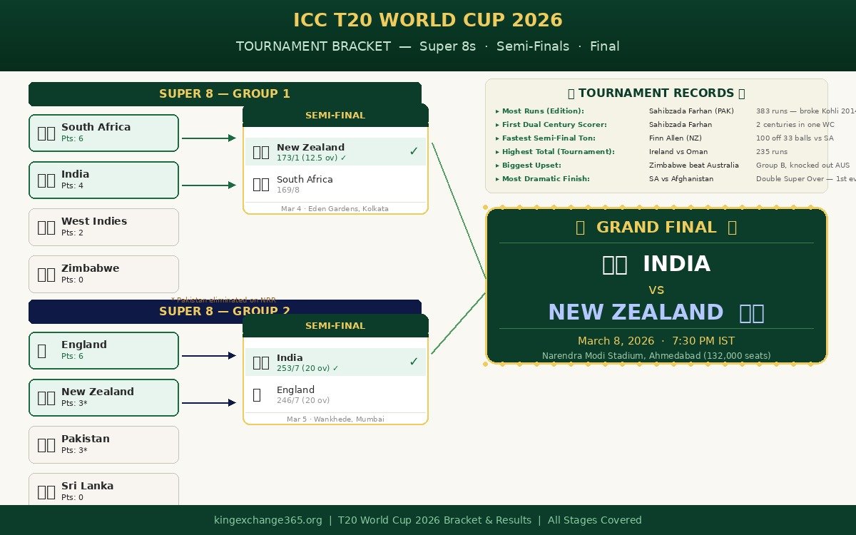 T20 World Cup 2026 Tournament Bracket – Super 8 results, Semi Finals South Africa vs New Zealand, India vs England, Final India vs New Zealand